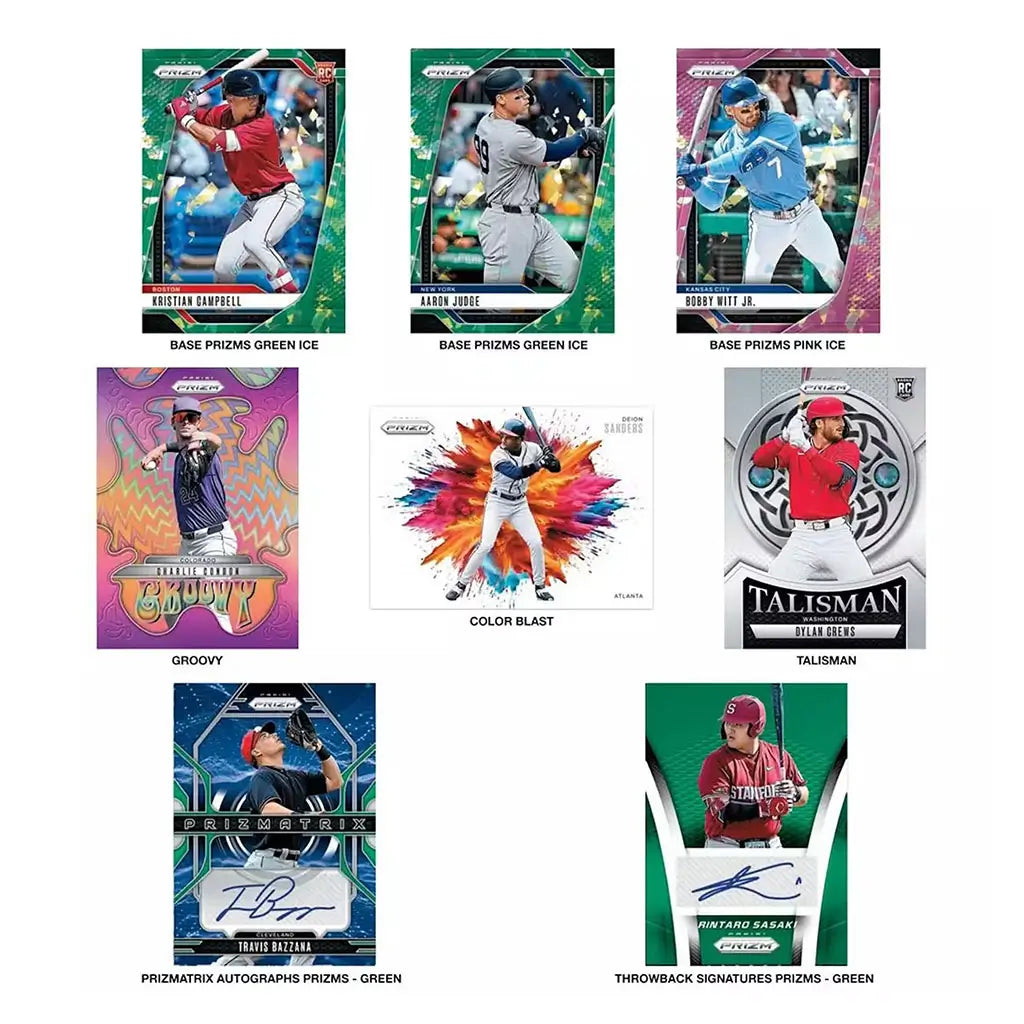 Assorted Panini Prizm baseball inserts including Groovy, Color Blast, Talisman, and Prizm autographs, featuring colorful card designs with star players.