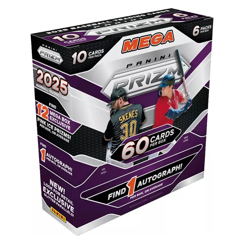Front angled view of the 2025 Panini Prizm Baseball Mega Box, showing bold purple and silver graphics with Paul Skenes and Roman Anthony pictured.