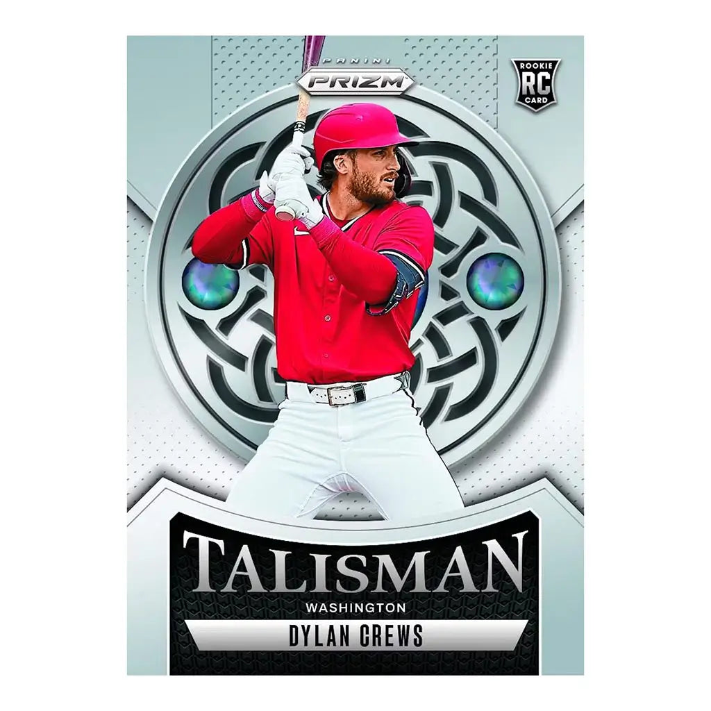 Panini Prizm Talisman insert card featuring Dylan Crews in a red uniform, posed to swing against a metallic silver background with circular emblem design.