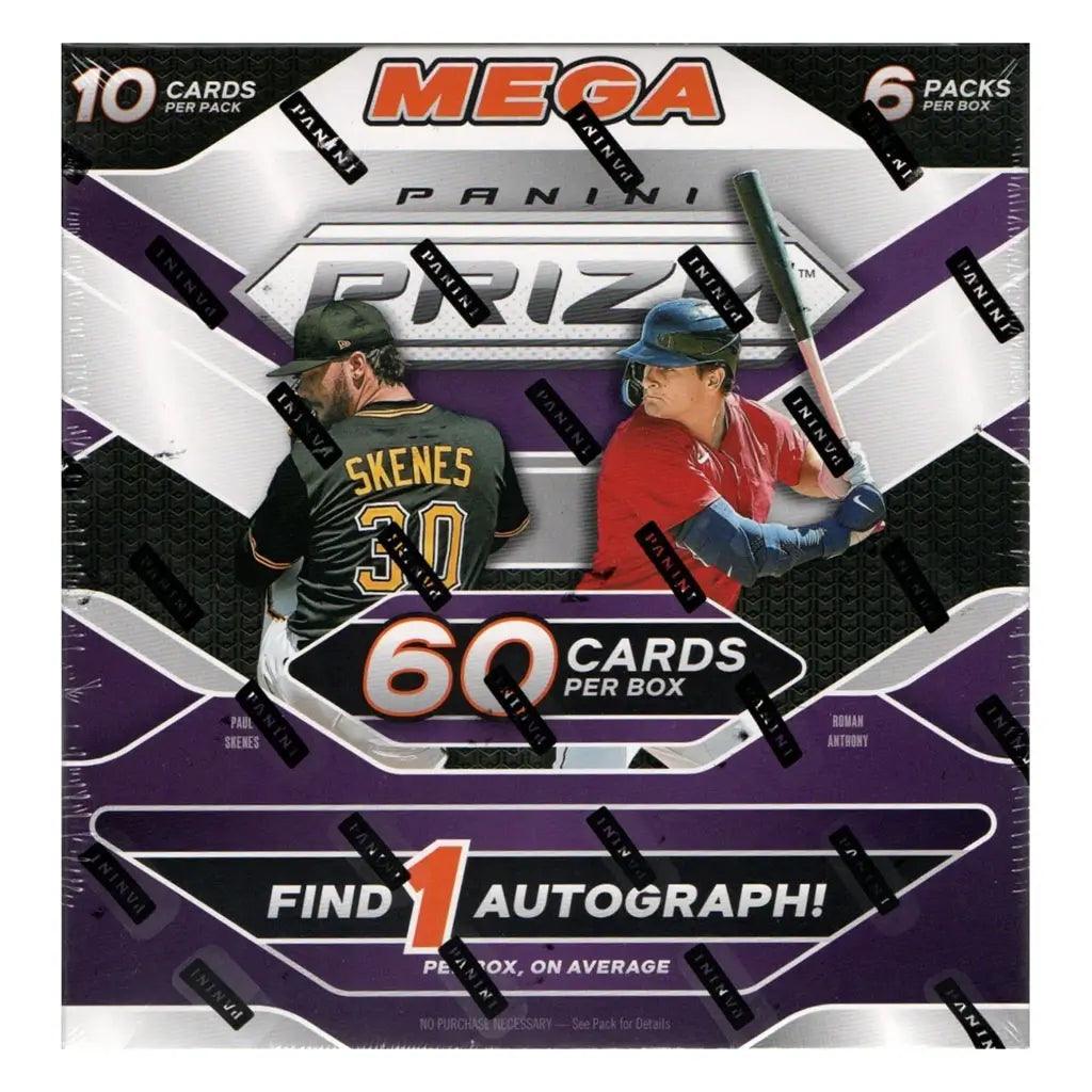 Sealed 2025 Panini Prizm Baseball Mega Box packaging, highlighting 60 cards per box, six packs, and the chance to pull one autograph on average.