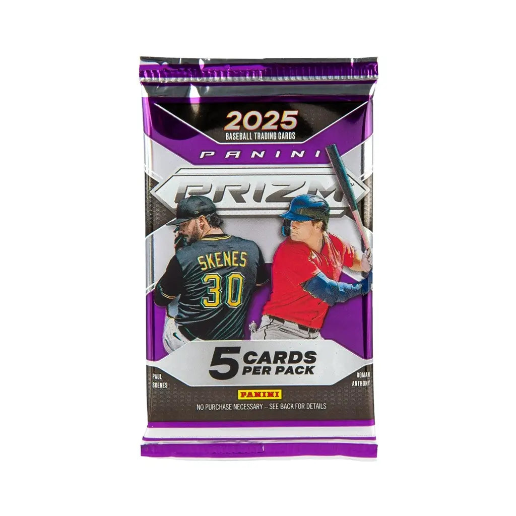 Panini Prizm 2025 baseball retail card pack, foil wrapper in purple and silver with images of Roman Anthony batting and Paul Skenes pitching, labeled five cards per pack.