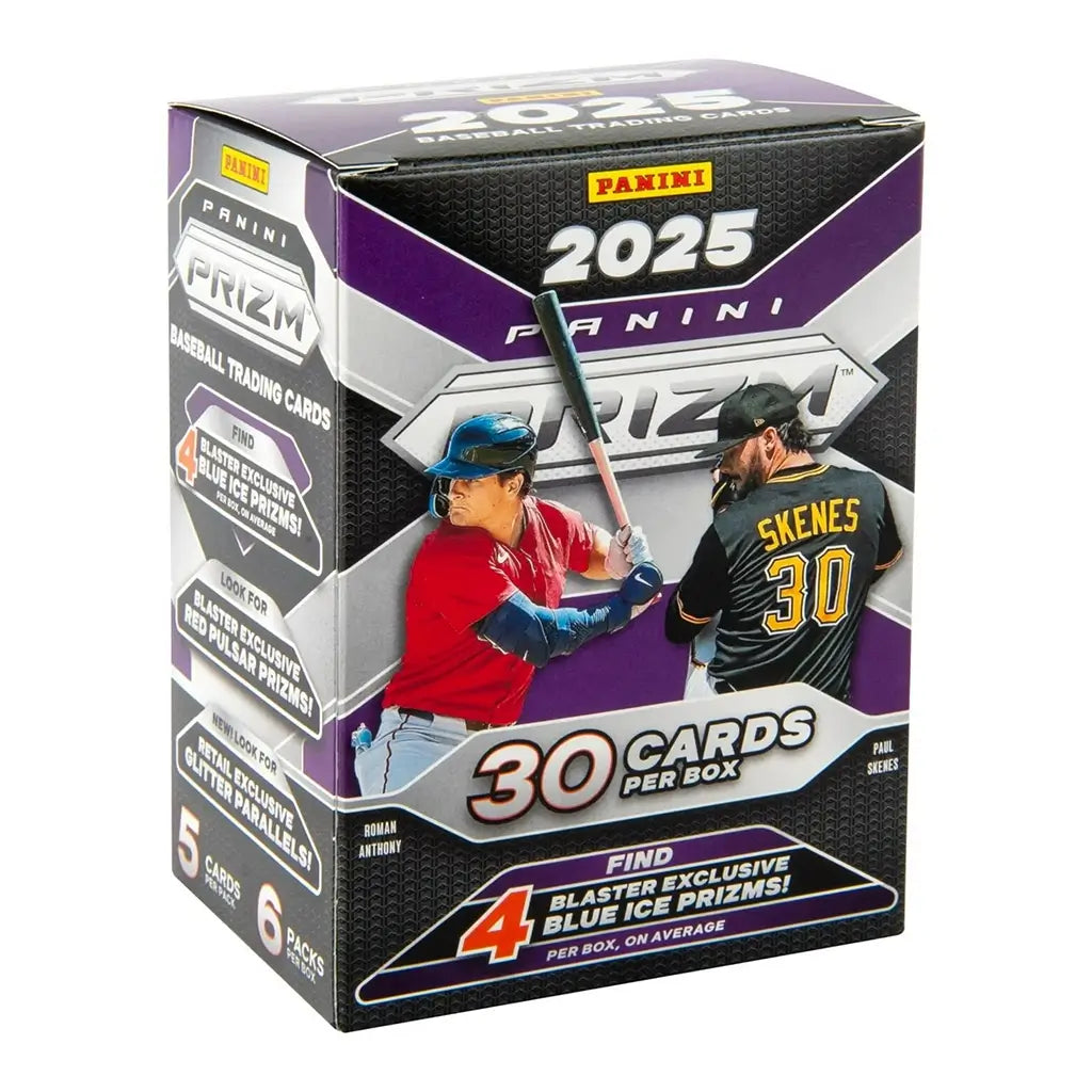 Panini Prizm 2025 baseball trading card blaster box angled view, purple and silver design, showing Roman Anthony batting and Paul Skenes pitching, with 30 cards per box.