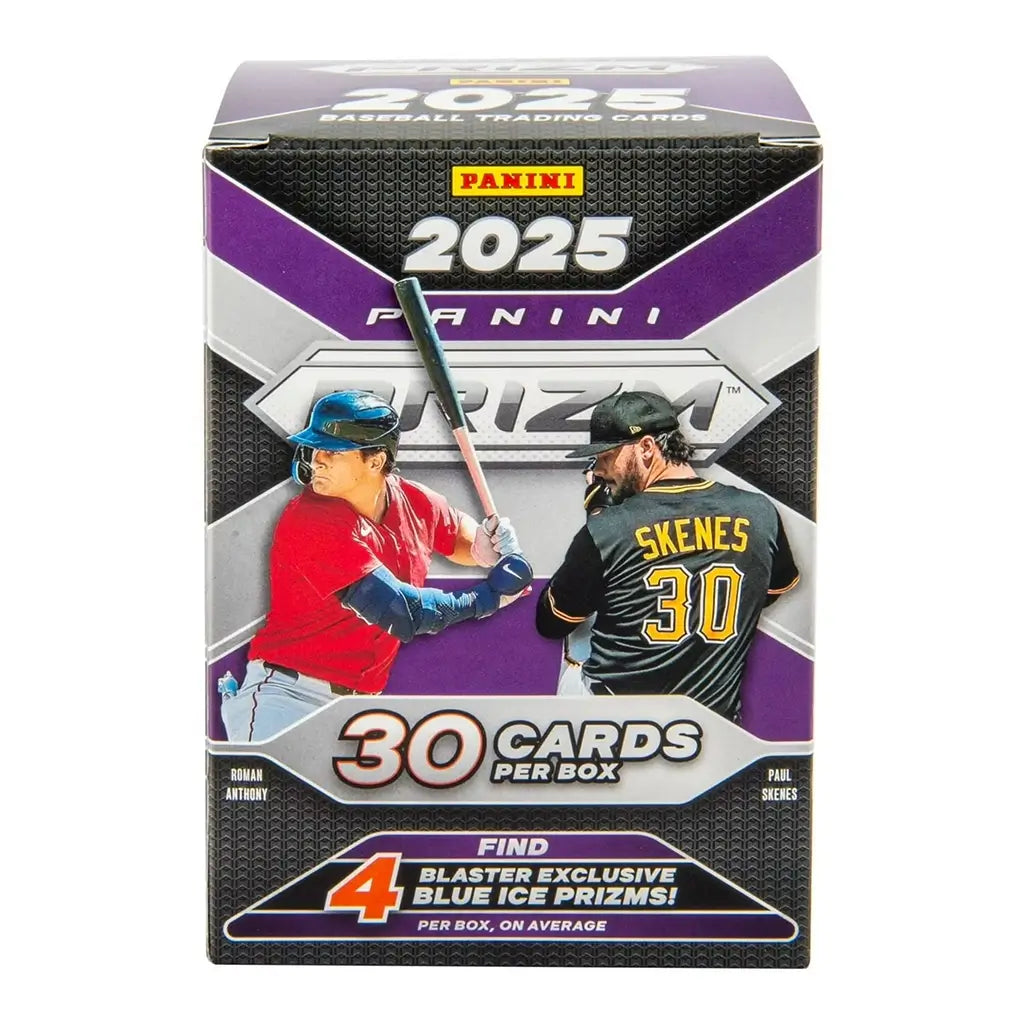 Panini Prizm 2025 baseball trading card blaster box front view with bold purple and silver graphics, featuring Roman Anthony and Paul Skenes, advertising Blue Ice Prizms.