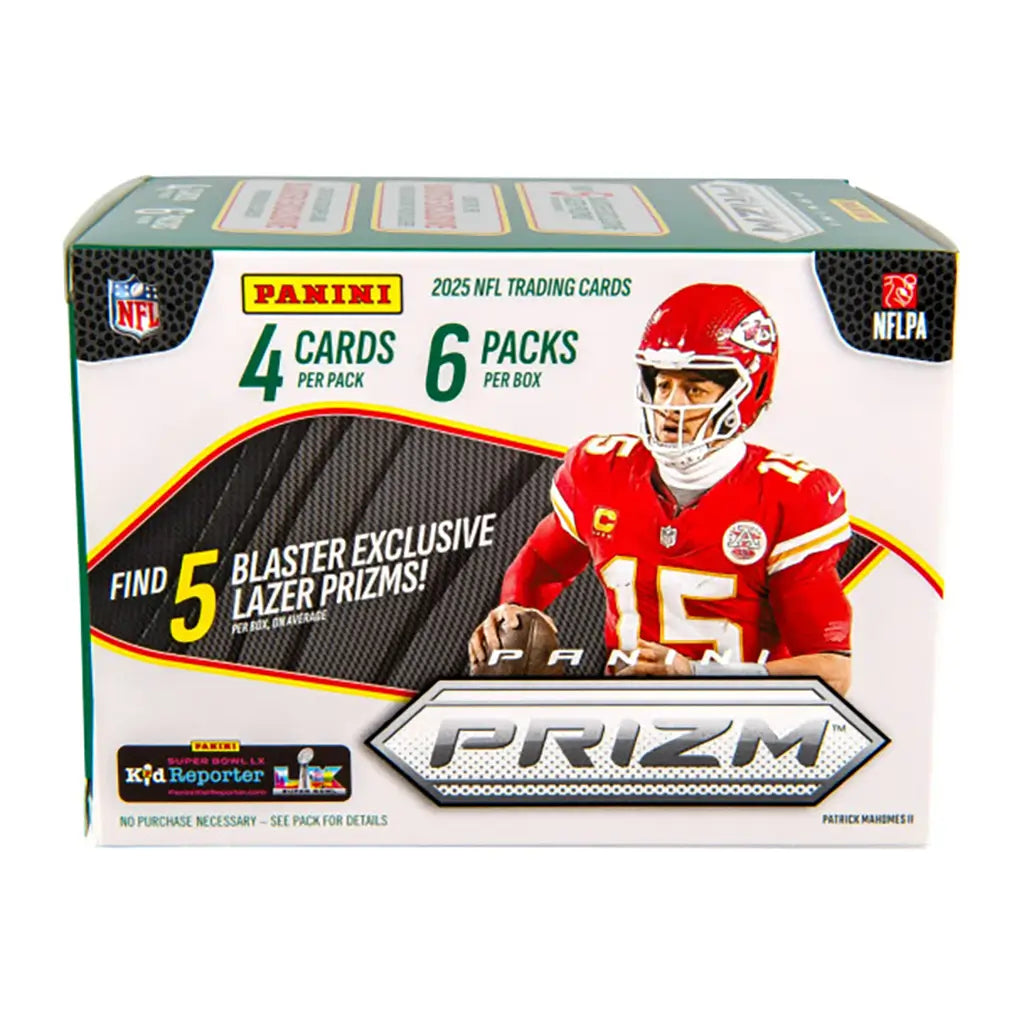 Panini Prizm Football blaster box in white and green cardboard with glossy finish, rectangular retail packaging showing Patrick Mahomes II in a red Kansas City Chiefs uniform, highlighting 2025 NFL trading cards, pack counts, and blaster exclusive Lazer Prizm details on a white background.
