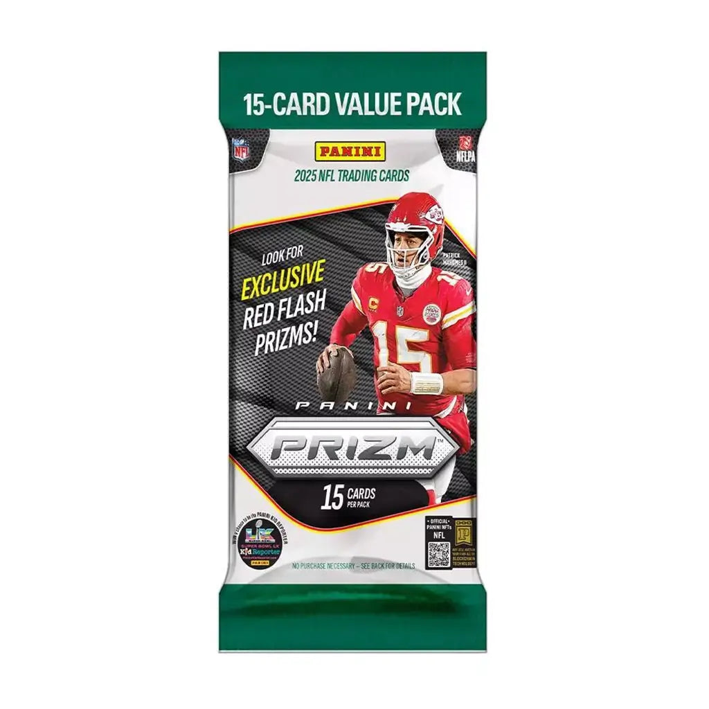 Panini Prizm NFL trading cards value pack in green, white, and black foil packaging with vertical rectangular shape, featuring Patrick Mahomes artwork, sealed 15-card retail pack displayed on a clean white background