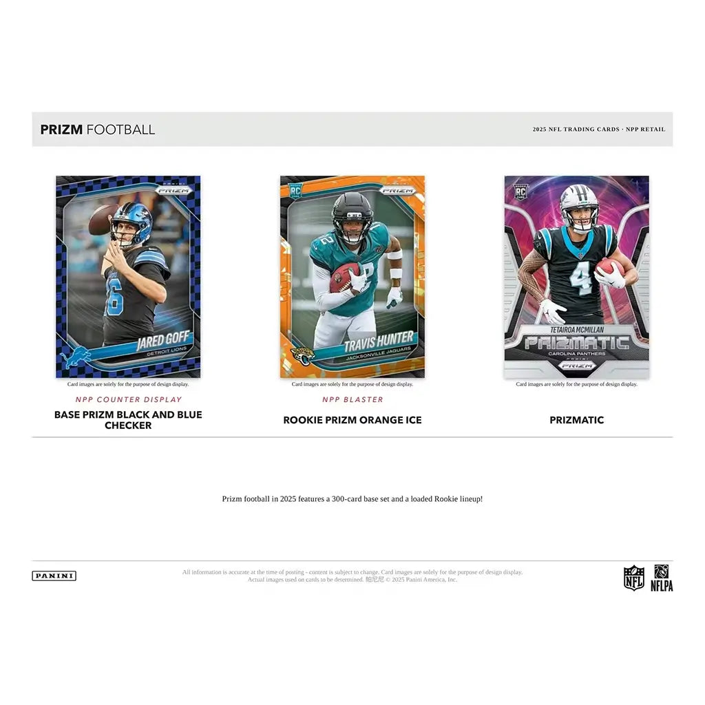 Panini Prizm NFL base and rookie cards in multicolor printed cardstock with rectangular shapes, featuring checkerboard, orange ice, and prismatic designs, collector showcase sheet on a neutral studio background