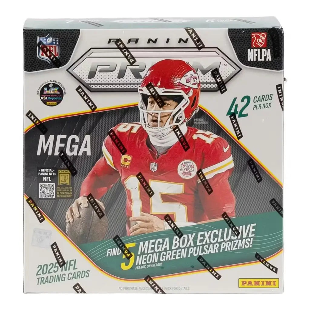 Panini Prizm NFL trading cards mega box in silver, red, green, and black glossy cardboard packaging with rectangular shape, featuring Patrick Mahomes artwork, sealed retail collector box on a clean white background