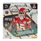 Panini Prizm NFL trading cards mega box in silver, red, green, and black glossy cardboard packaging with rectangular shape, featuring Patrick Mahomes artwork, sealed retail collector box on a clean white background