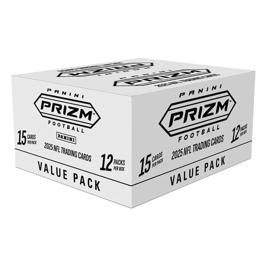 Panini Prizm Football trading card value box features white cardboard packaging with bold black logo text, matte finish, rectangular box form for NFL cards, isolated on a clean white background.
