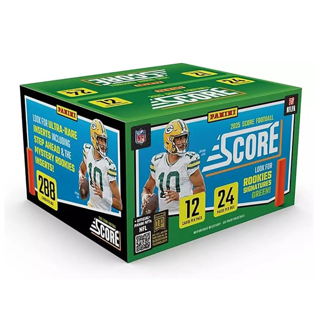 Panini Score Football 2025 retail box features bold green and blue packaging with glossy card textures, showcasing quarterback imagery and clear callouts for rookies, signatures, and pack counts on all sides.