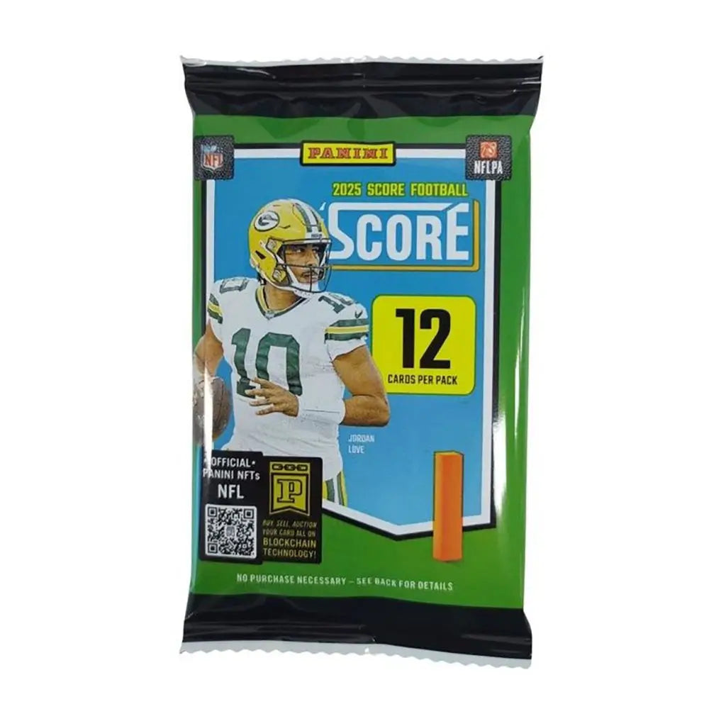 Panini Score Football 2025 retail pack features bright green and blue foil with smooth reflective texture, showcasing quarterback Jordan Love, bold 12-card callout, and official NFL and Panini branding.