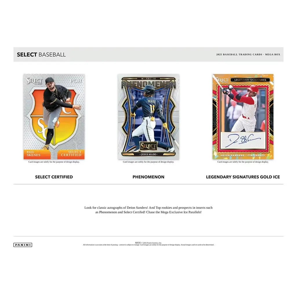 Panini Select baseball card inserts sheet in white, gold, and multicolor printed cardstock with rectangular layout, showcasing Certified, Phenomenon, and Legendary Signatures designs, promotional display on a minimal light background