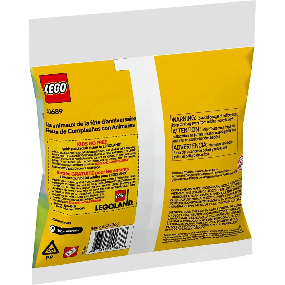 Back of LEGO Creator polybag set 30689 features product information, a LEGOLAND free child ticket offer, and safety warnings in multiple languages on a bright yellow background.