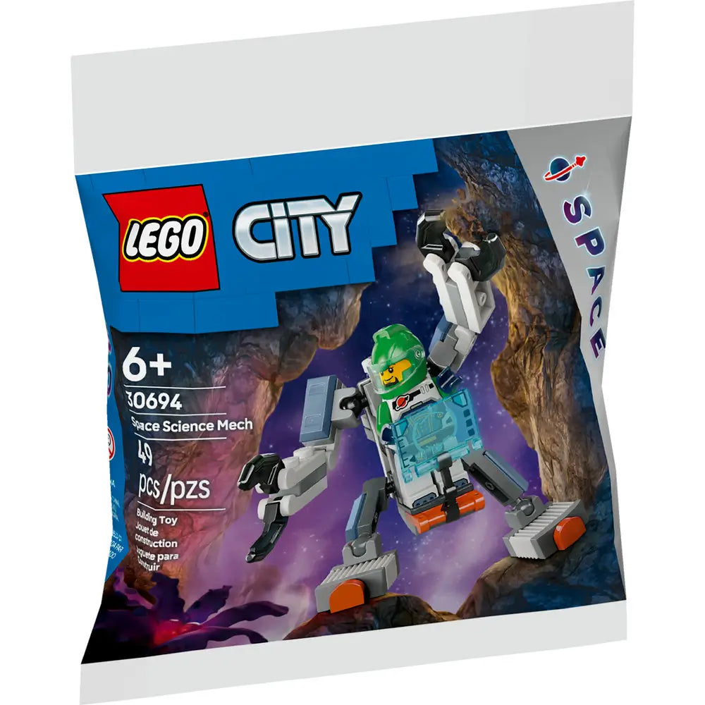 Front of LEGO City Space Science Mech set 30694 shows a small robot suit with articulated arms and legs, piloted by a green-helmeted minifigure, set against a colorful galactic background with 49 included pieces.
