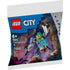 Front of LEGO City Space Science Mech set 30694 shows a small robot suit with articulated arms and legs, piloted by a green-helmeted minifigure, set against a colorful galactic background with 49 included pieces.