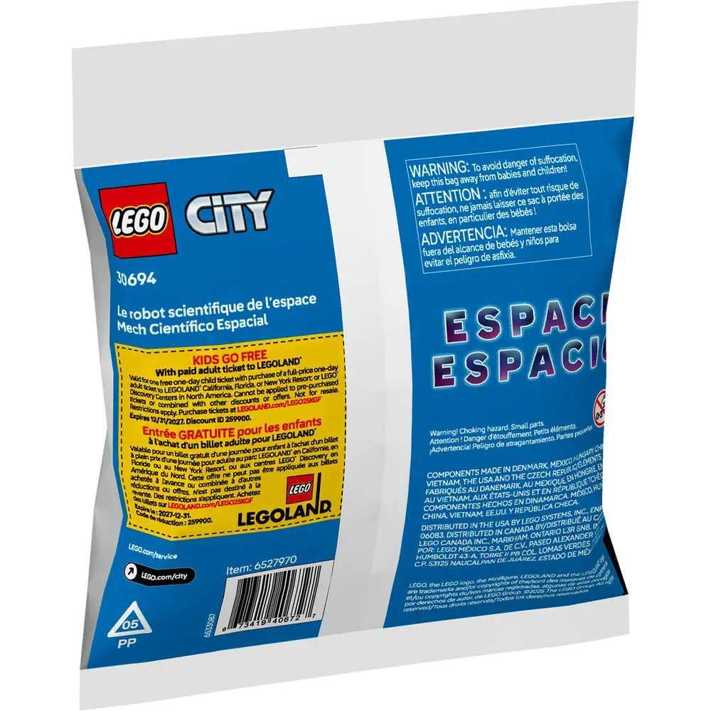 Back of LEGO polybag set 30694 includes multilingual safety warnings, LEGOLAND free child ticket promotion, and set information for the City Space Science Mech, all shown on blue and white packaging.