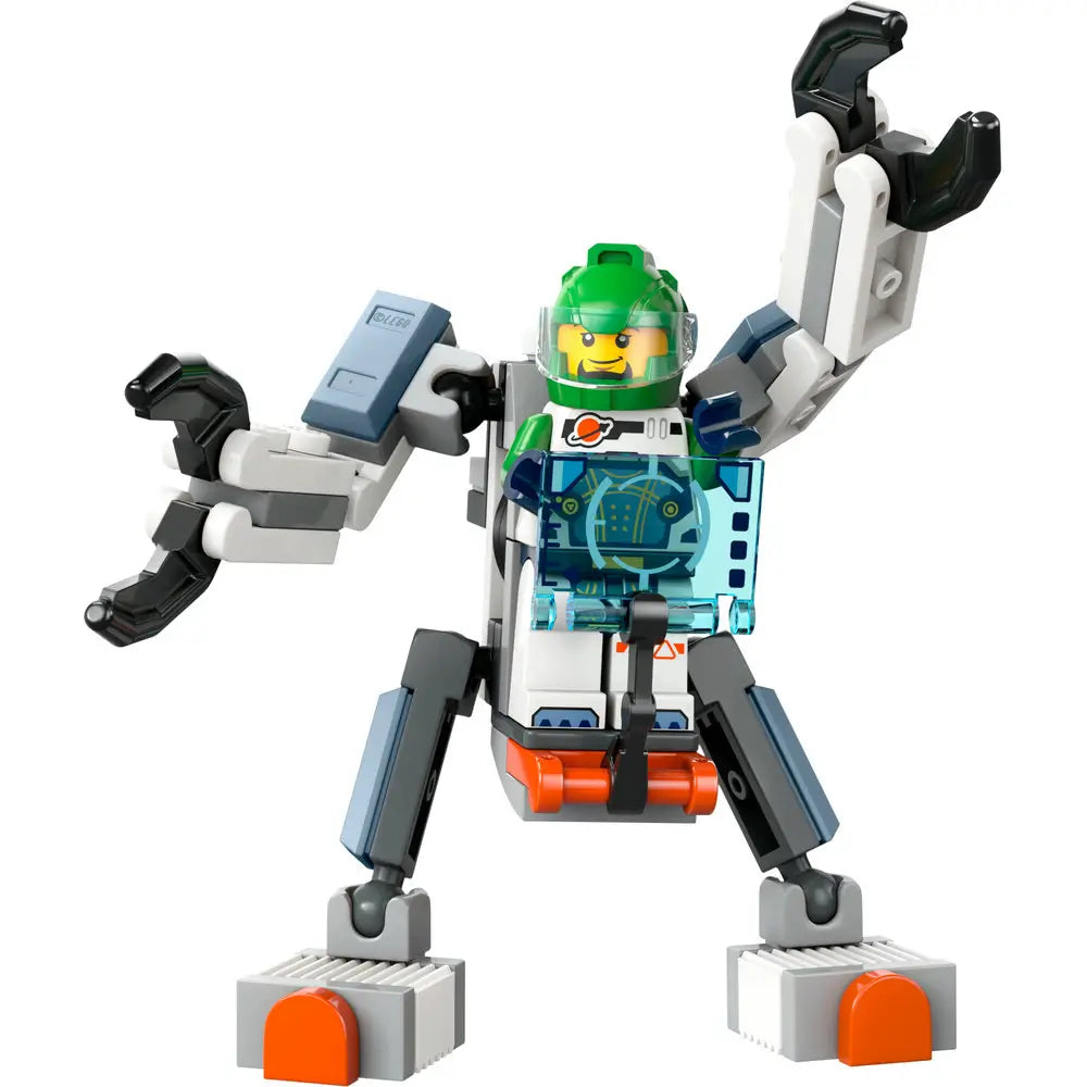 Fully assembled LEGO Space Science Mech features a compact gray and blue robot suit with movable limbs and gripping claws, piloted by a smiling astronaut minifigure wearing a green helmet with visor.