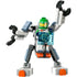Fully assembled LEGO Space Science Mech features a compact gray and blue robot suit with movable limbs and gripping claws, piloted by a smiling astronaut minifigure wearing a green helmet with visor.