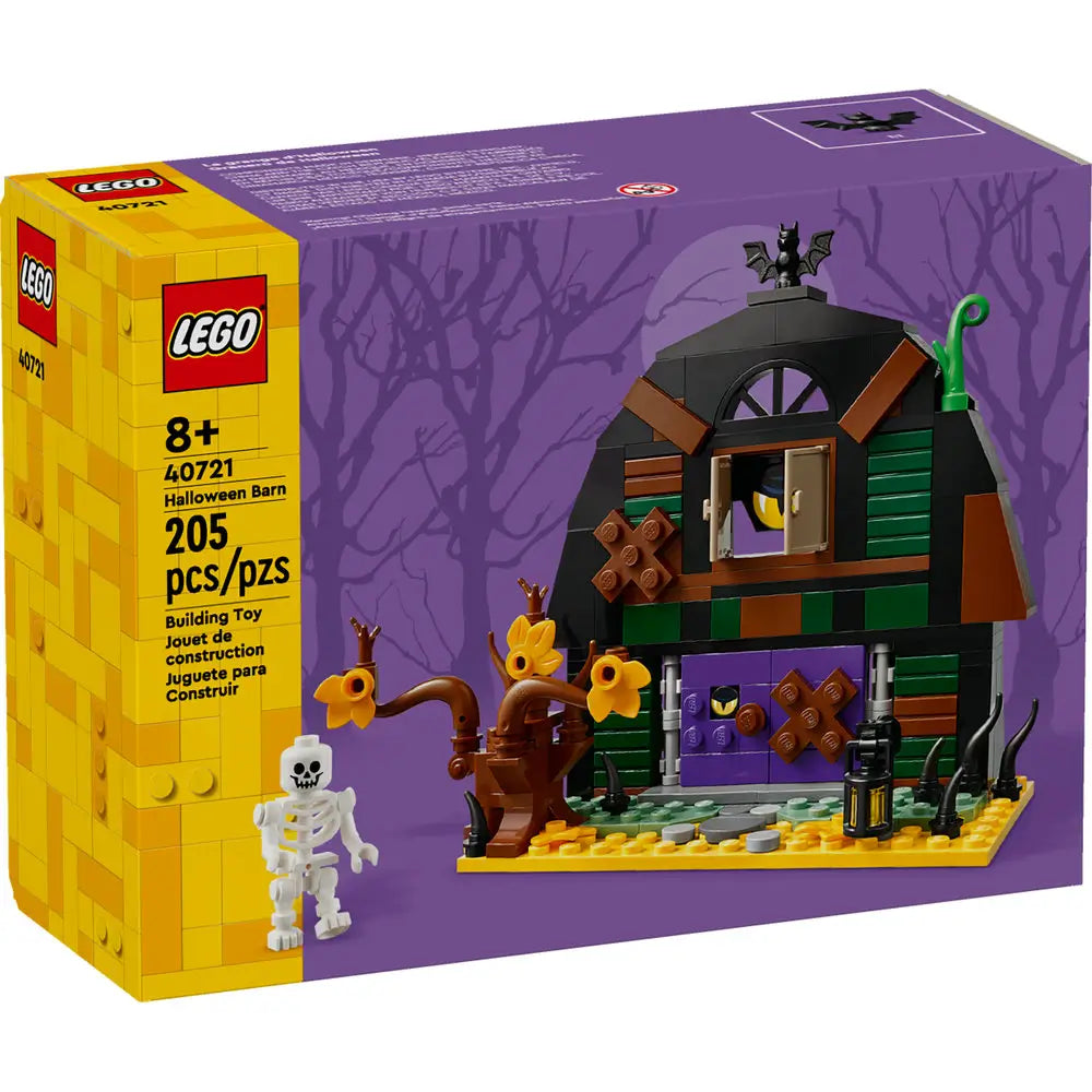 LEGO Halloween Barn set 40721 box features a spooky barn with boarded-up windows, twisted trees, and a skeleton figure, set against a purple background with shadowy trees and a full moon.