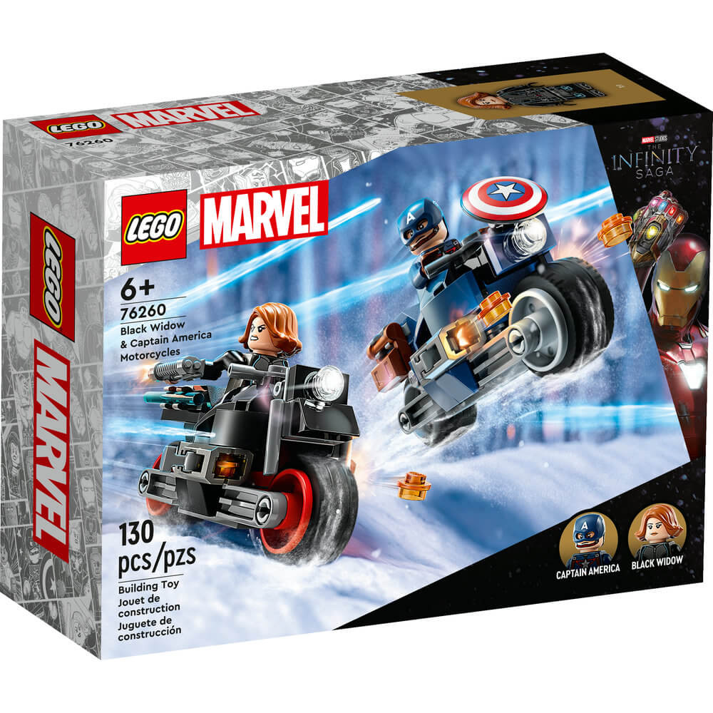 LEGO® Marvel Black Widow & Captain America Motorcycles 76260 (130 Pieces) front of the box