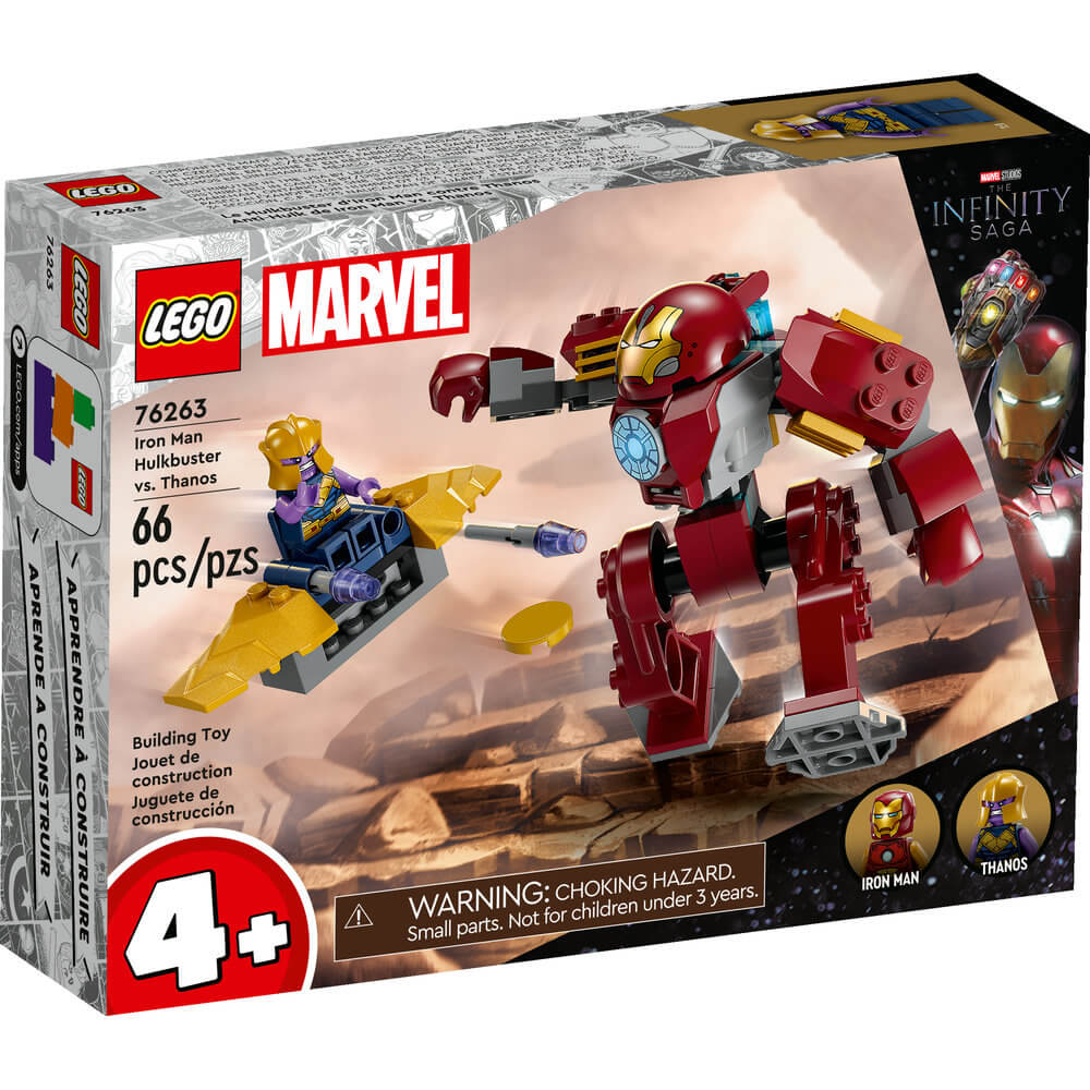 Front of the package of the LEGO® Marvel Iron Man Hulkbuster vs. Thanos 76263 Building Toy Set (66 Pieces)