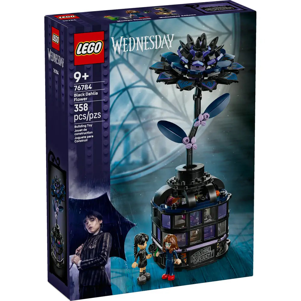 Front of LEGO Wednesday Addams Black Dahlia Flower set box, showing the tall, dark flower growing from a black and purple glasshouse base labeled "Nevermore Academy," with two included mini-doll characters.