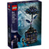 Front of LEGO Wednesday Addams Black Dahlia Flower set box, showing the tall, dark flower growing from a black and purple glasshouse base labeled "Nevermore Academy," with two included mini-doll characters.