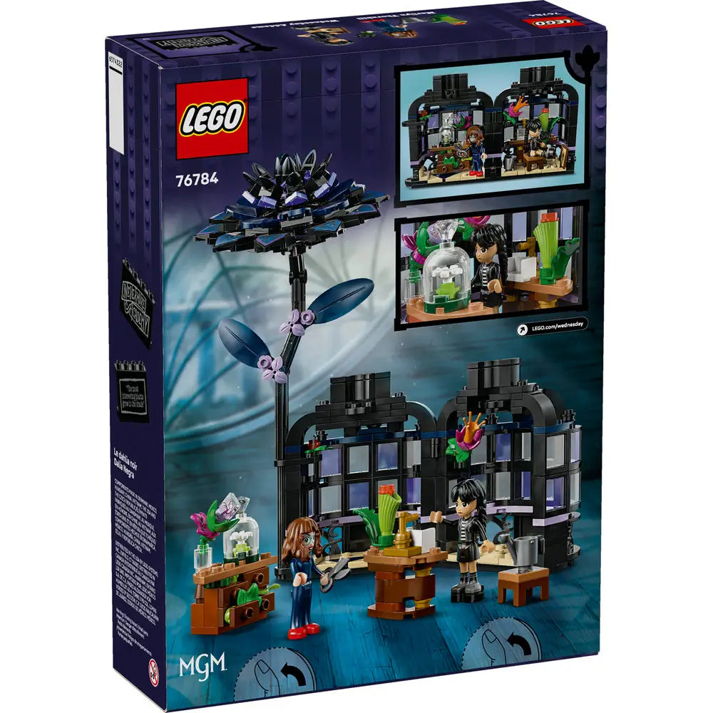 Back of LEGO box for set 76784 features the Black Dahlia Flower from Wednesday, with 358 pieces, showcasing the assembled model, two mini-dolls, and play scene with colorful plants and accessories.