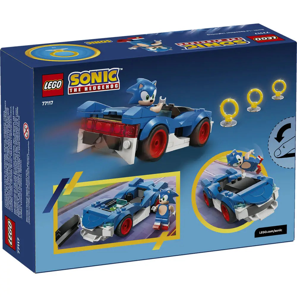Back of LEGO Sonic the Hedgehog Speedster Lightning box showing the blue car, Sonic minifigure, gold ring accessories, and play features, printed on blue cardboard packaging designed for retail shelf presentation.