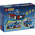 Back of LEGO Sonic the Hedgehog Speedster Lightning box showing the blue car, Sonic minifigure, gold ring accessories, and play features, printed on blue cardboard packaging designed for retail shelf presentation.