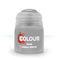 Citadel Corax White base paint pot with light gray plastic container and matte finish, cylindrical shape with flip-top lid, designed for miniature painting and tabletop models.