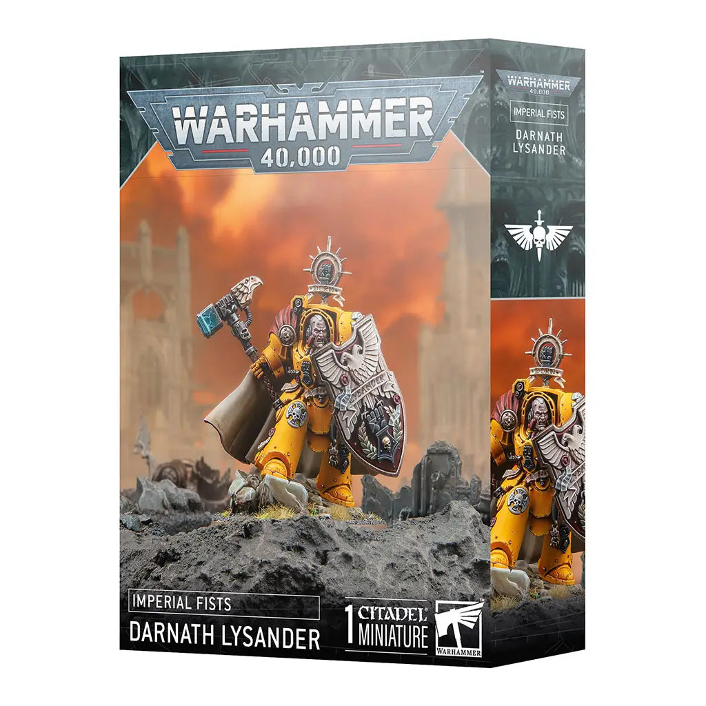 Warhammer 40,000 Imperial Fists Darnath Lysander miniature box, featuring artwork of the yellow-armored Space Marine captain holding a thunder hammer and ornate shield.