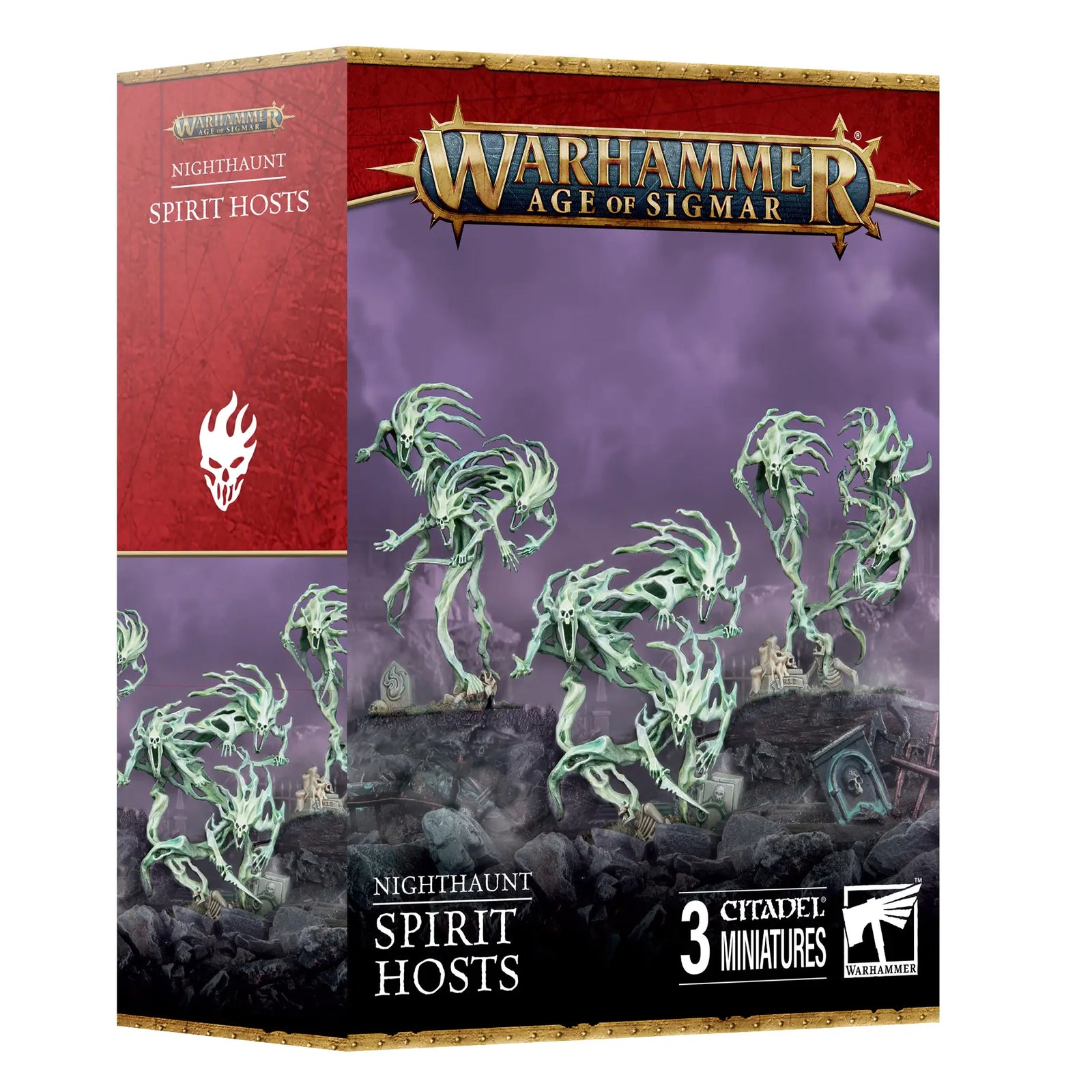 Warhammer Age of Sigmar Nighthaunt Spirit Hosts miniatures feature pale green spectral plastic forms swirling above dark graveyard ruins on purple product packaging.