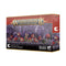 Warhammer Age of Sigmar Gloomspite Gitz Squig Herd miniatures feature red plastic monster forms with large teeth and green goblins posed on dark rocky terrain against purple packaging.