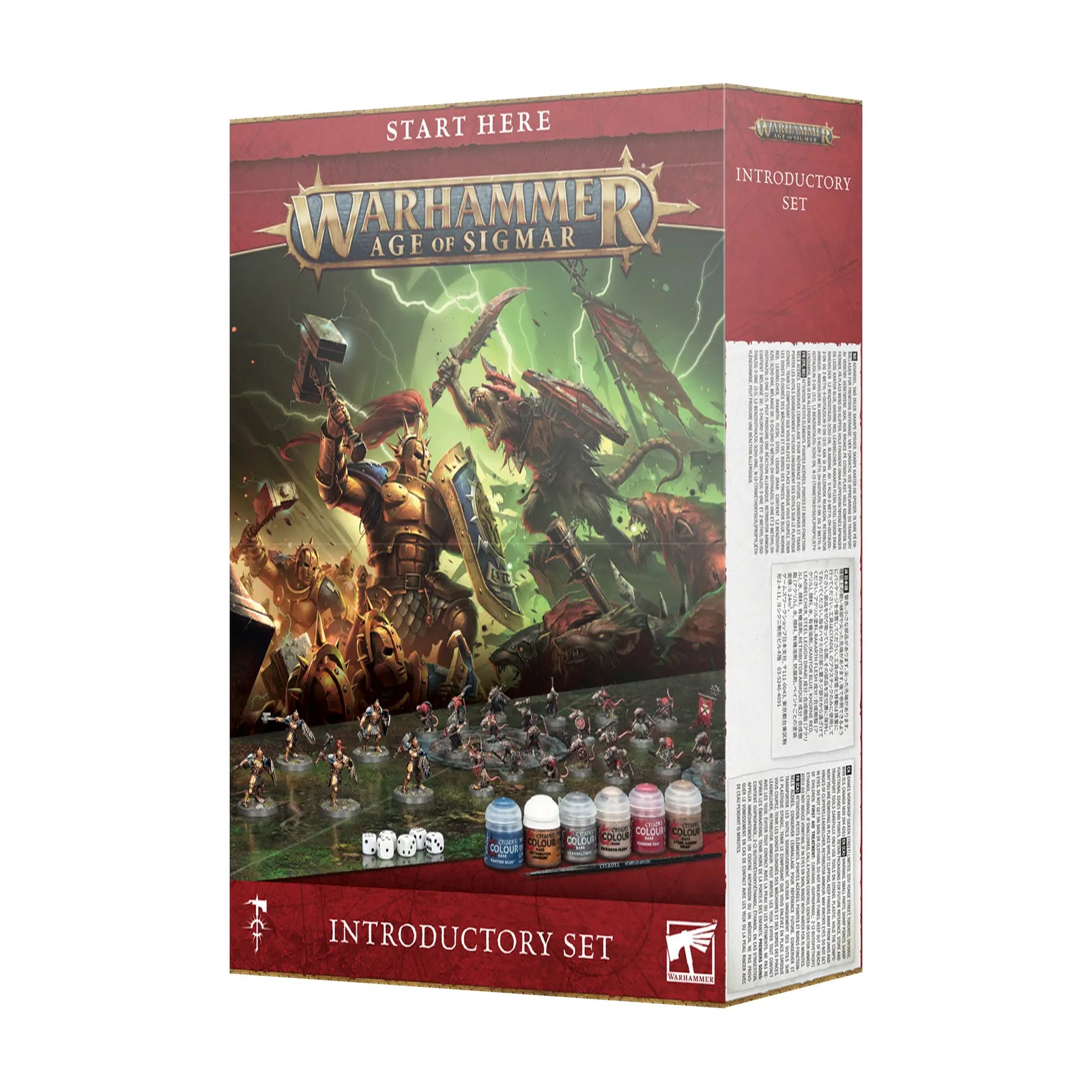 Warhammer Age of Sigmar Introductory Set features painted plastic Stormcast and Skaven miniatures, dice and Citadel paints before green fantasy battle artwork on red packaging.
