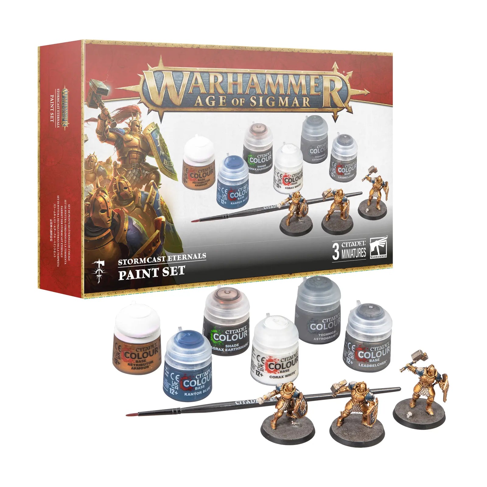 Warhammer Age of Sigmar Stormcast Eternals Paint Set includes gold plastic warrior miniatures, six Citadel Colour paint pots and a brush displayed beside red product packaging.