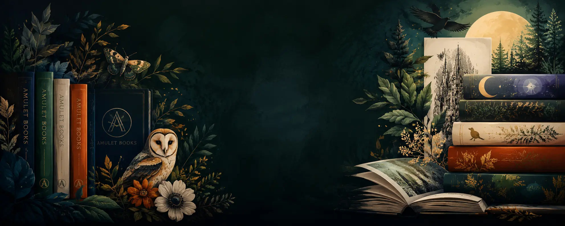Amulet Books collection hero banner featuring fantasy-inspired books, woodland motifs, and magical storytelling artwork by Abrams Books.