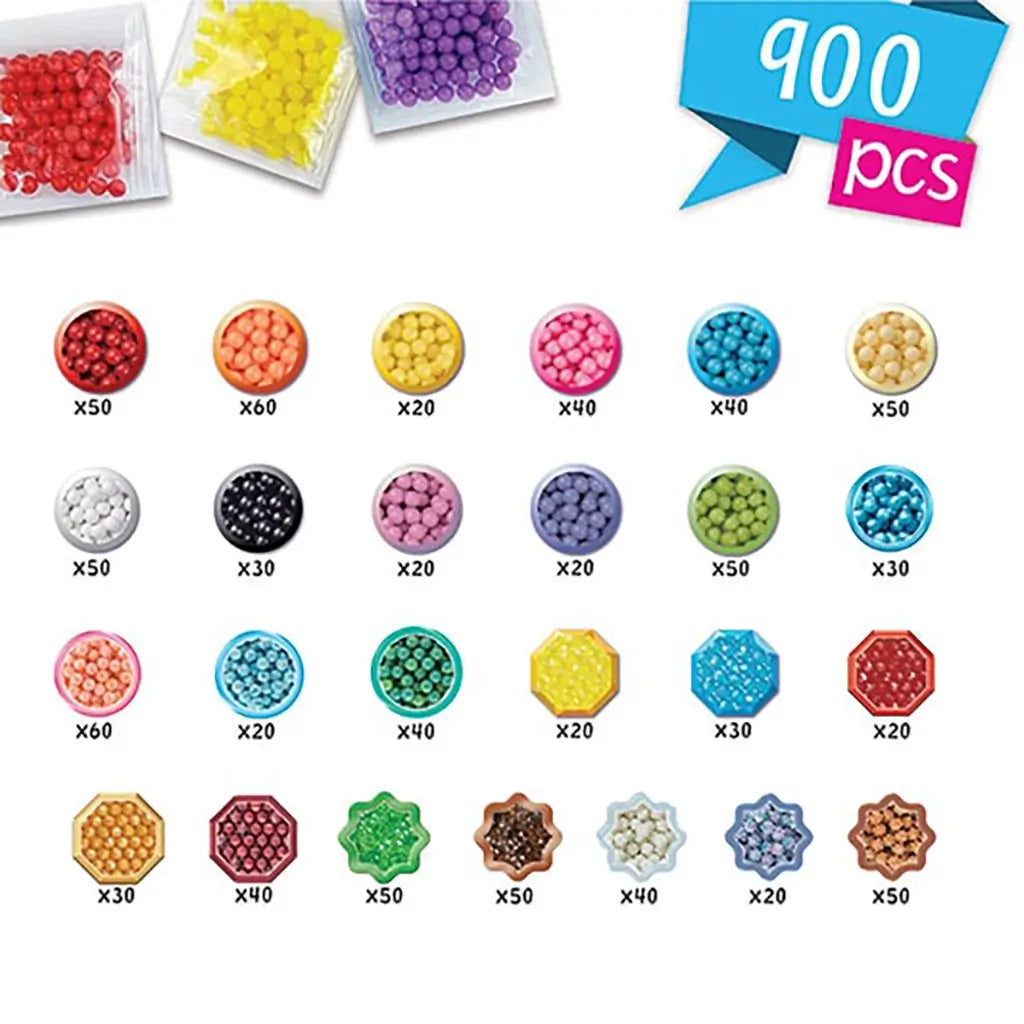 Aquabeads Beginners Craft Studio 900-piece bead assortment featuring round and star-shaped glossy beads in red, yellow, blue, pink, green, white, and black displayed in labeled counts.
