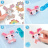 Aquabeads Beginners Craft Studio step-by-step process showing bead template placement, arranging glossy beads on peg board, spraying water, and finished bunny design drying.