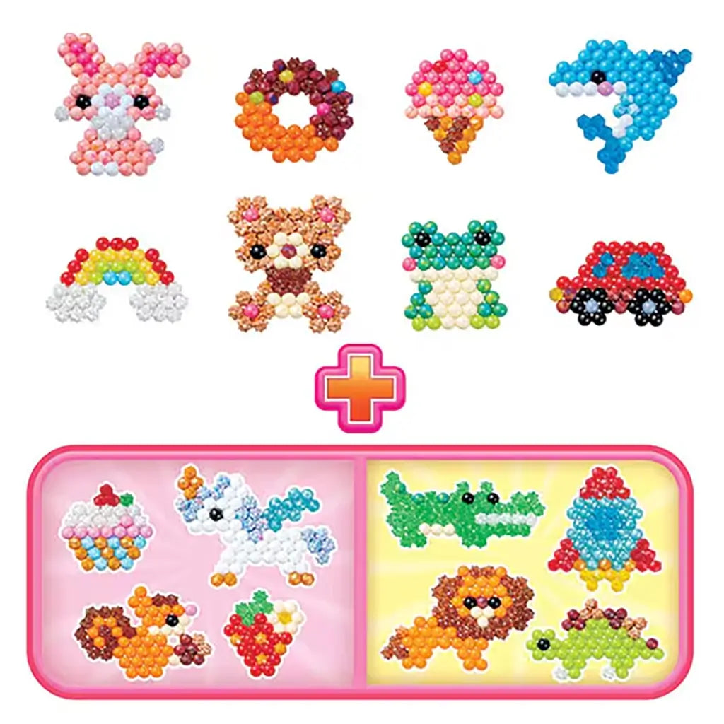 Aquabeads Beginners Craft Studio bead art designs featuring colorful glossy round beads arranged into bunny, donut, ice cream, dolphin, rainbow, frog, car, and animal shapes on a white background.