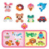 Aquabeads Beginners Craft Studio bead art designs featuring colorful glossy round beads arranged into bunny, donut, ice cream, dolphin, rainbow, frog, car, and animal shapes on a white background.