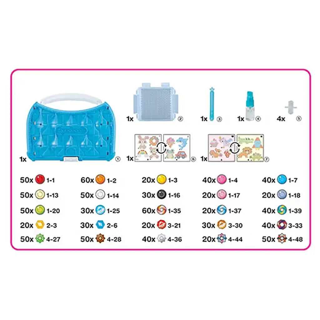 Aquabeads Beginners Craft Studio contents layout showing blue carry case, peg board, bead pen, spray bottle, design sheets, and sorted multicolor beads with quantities listed.
