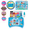 Aquabeads Beginners Craft Studio set with blue plastic storage case, bead palette tray, peg layout board, spray bottle, and assorted colorful water fuse beads arranged for crafting.