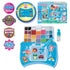 Aquabeads Beginners Craft Studio set with blue plastic storage case, bead palette tray, peg layout board, spray bottle, and assorted colorful water fuse beads arranged for crafting.