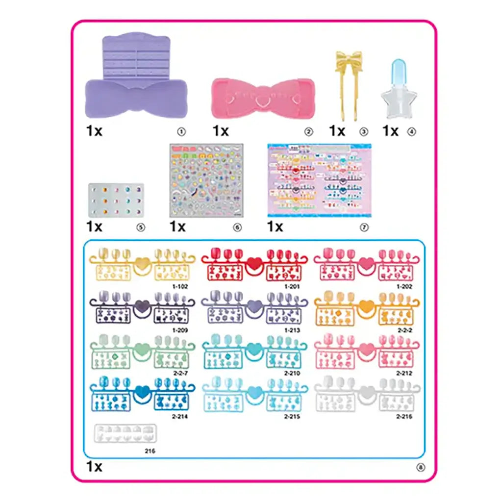 Contents layout of Aquabeads Nail Studio including trays, nail pieces, stickers, applicator tools, and water dropper, organized in pastel-colored plastic sets for crafting.