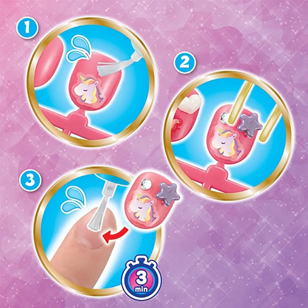 Step-by-step Aquabeads Nail Studio instructions showing how to decorate and apply colorful nail pieces using stickers, embellishments, and water-activated adhesive in three simple steps.