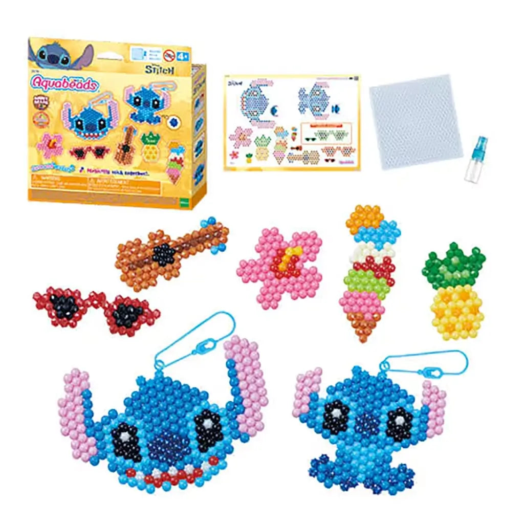 Disney Aquabeads Stitch craft kit featuring colorful bead creations of Stitch, sunglasses, guitar, flower, pineapple, and ice cream, with packaging, spray bottle, and design template included.