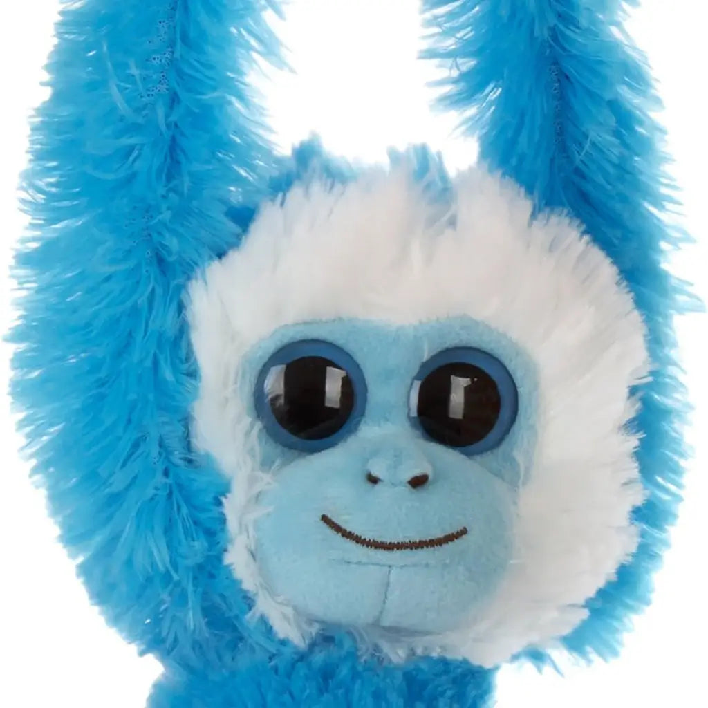 Aurora hanging monkey plush close up showing bright blue fuzzy polyester fur, white facial trim, large glossy eyes, rounded smiling face, and soft stitched details designed for cuddling and decorative play.