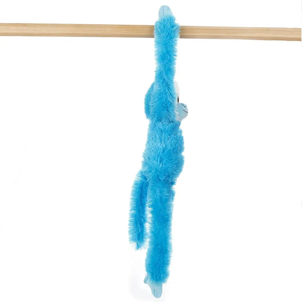 Aurora hanging monkey plush in blue fuzzy polyester fabric, side profile with elongated limbs and curved body shape, designed to hang securely from shelves or rails against a clean white background.