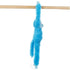 Aurora hanging monkey plush in blue fuzzy polyester fabric, side profile with elongated limbs and curved body shape, designed to hang securely from shelves or rails against a clean white background.